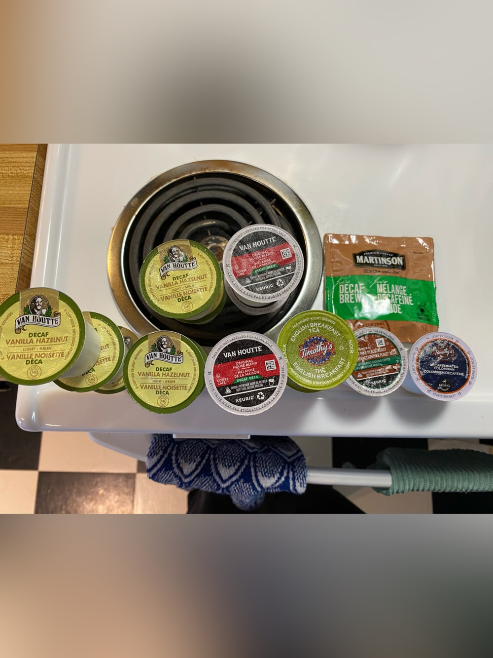 Assorted Decaf Coffee and English breakfast tea K cups with counter mat